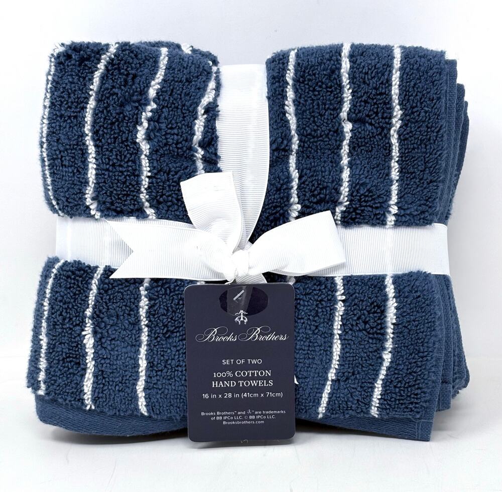 Brooks Brothers Blue White Striped Cotton Hand Towels Set 2 Measures 16x28"